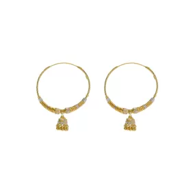 22K Multi Tone Gold Hoop Earrings W/ Shambala Beads, Gold Caps & Jhumki Drops