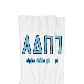 Alpha Delta Pi Sorority Crew Socks with Name and Letters in Sorority Colors