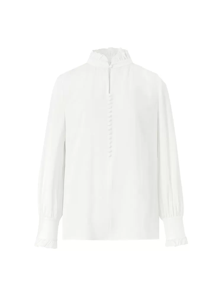 Diacetate Ruffle Mandarin Collar Women Blouse