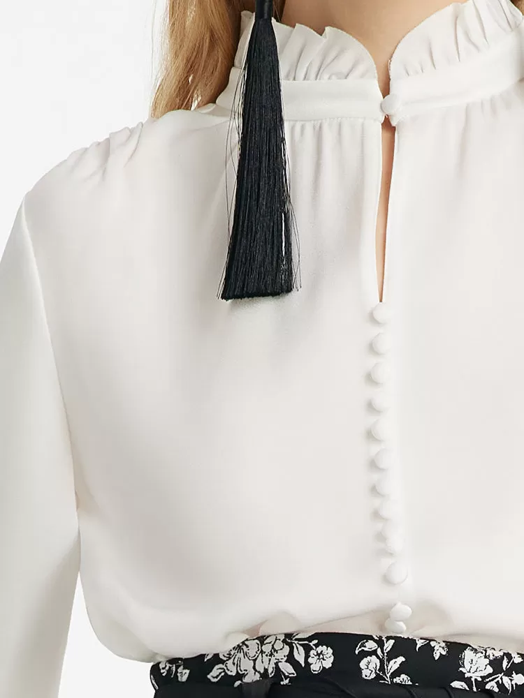 Diacetate Ruffle Mandarin Collar Women Blouse