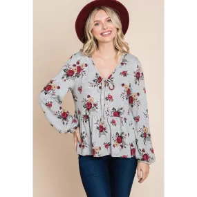 Floral Hacci Printed Babydoll Top With Elastic Cuff Sleeves