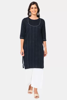 Mythri Women Knee Length Straight Kurtha - Navy Blue - KU38