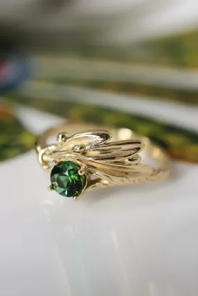 READY TO SHIP: Olive branch ring in 14K rose gold, natural green tourmaline 5 mm, RING SIZE 6.25 US