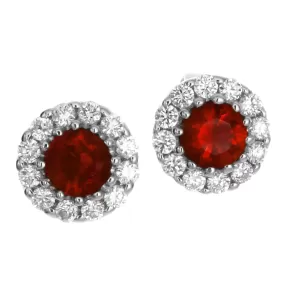 Ruby & Diamond Round Halo Stud Earrings 18K White Gold